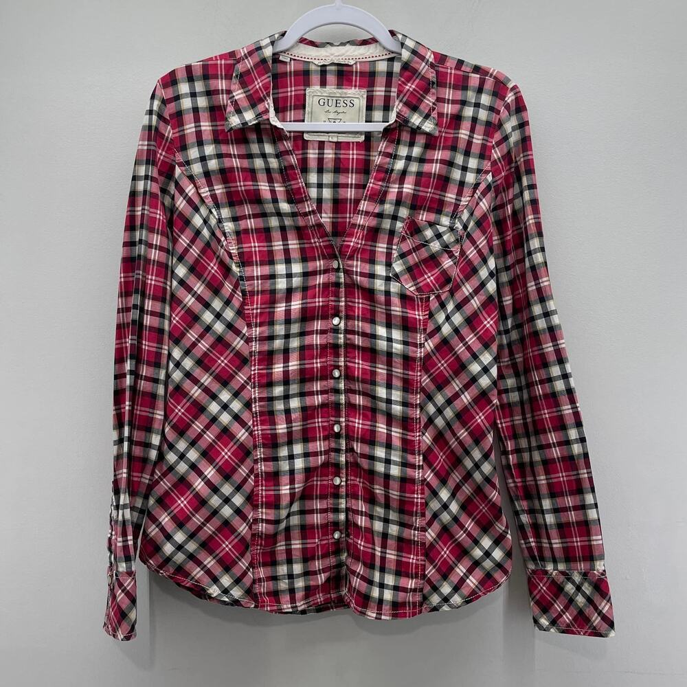 Guess Pearl Snap Western Shirt Wms Lg Red Black Plaid Fitted Y2K‎ Rodeo Cowgirl